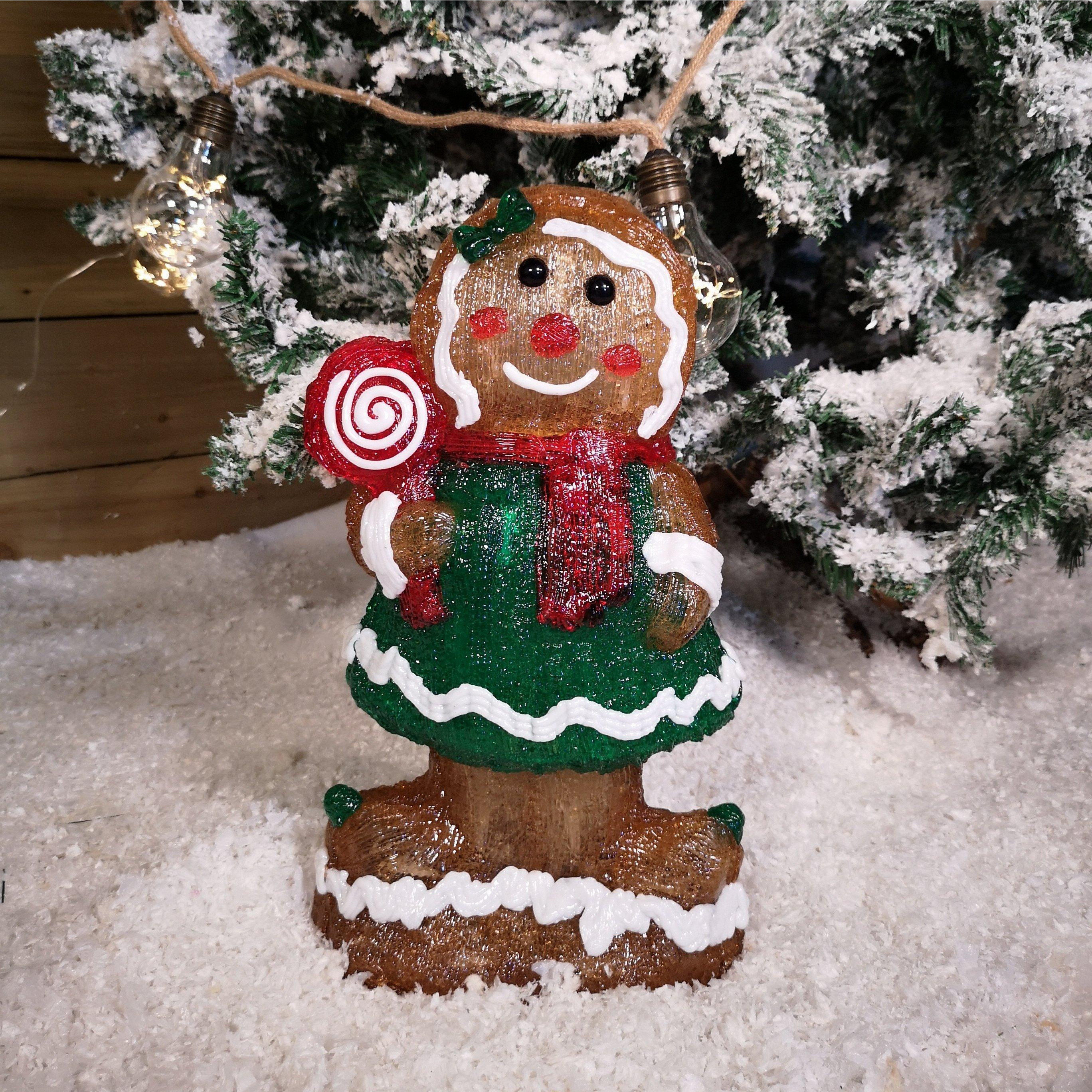 36cm LED Lit Acrylic Gingerbread Person Christmas Decoration with Green Dress - image 1