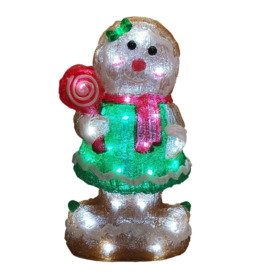 36cm LED Lit Acrylic Gingerbread Person Christmas Decoration with Green Dress - thumbnail 3