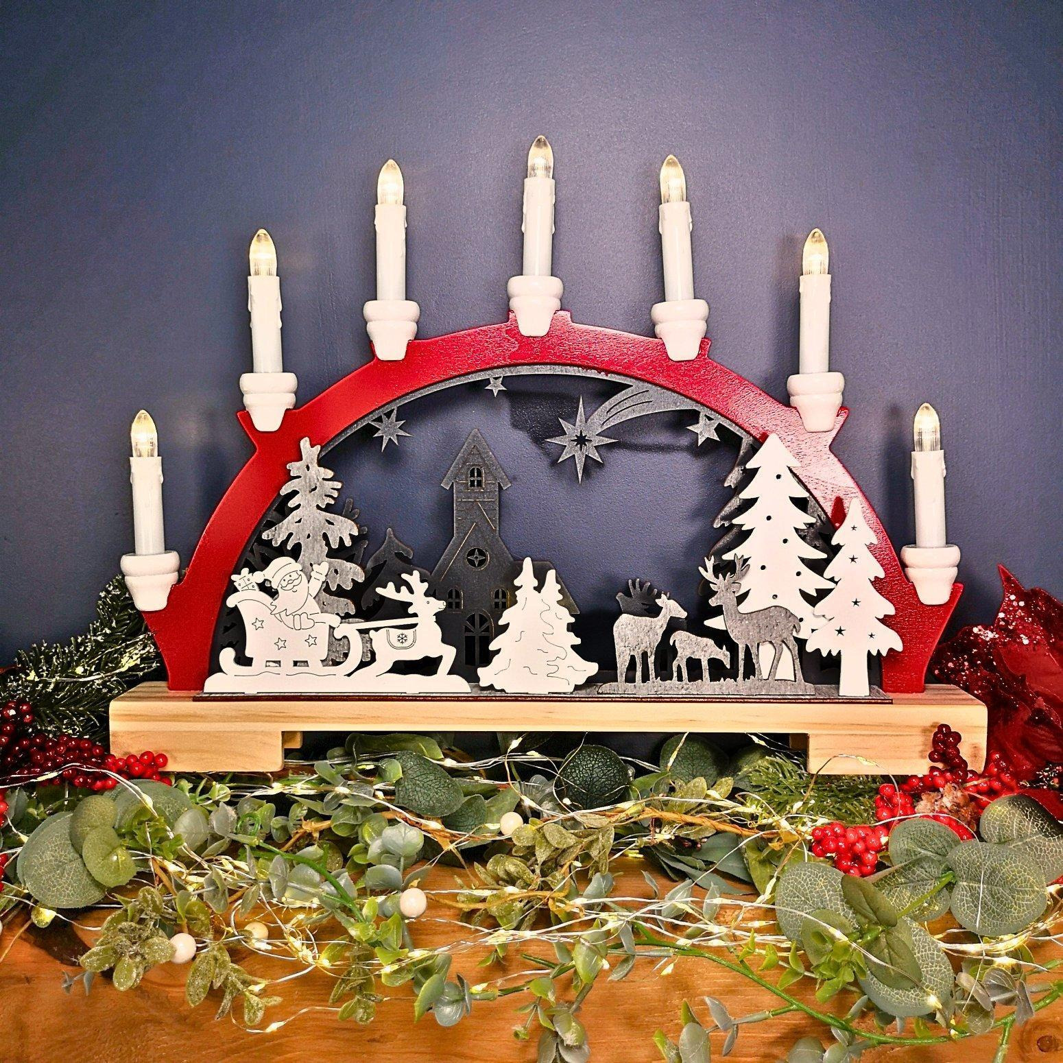 45cm Battery Operated Warm White LED Wooden Arch Santa Sleigh and Reindeer Candle Bridge Christmas Decoration - image 1