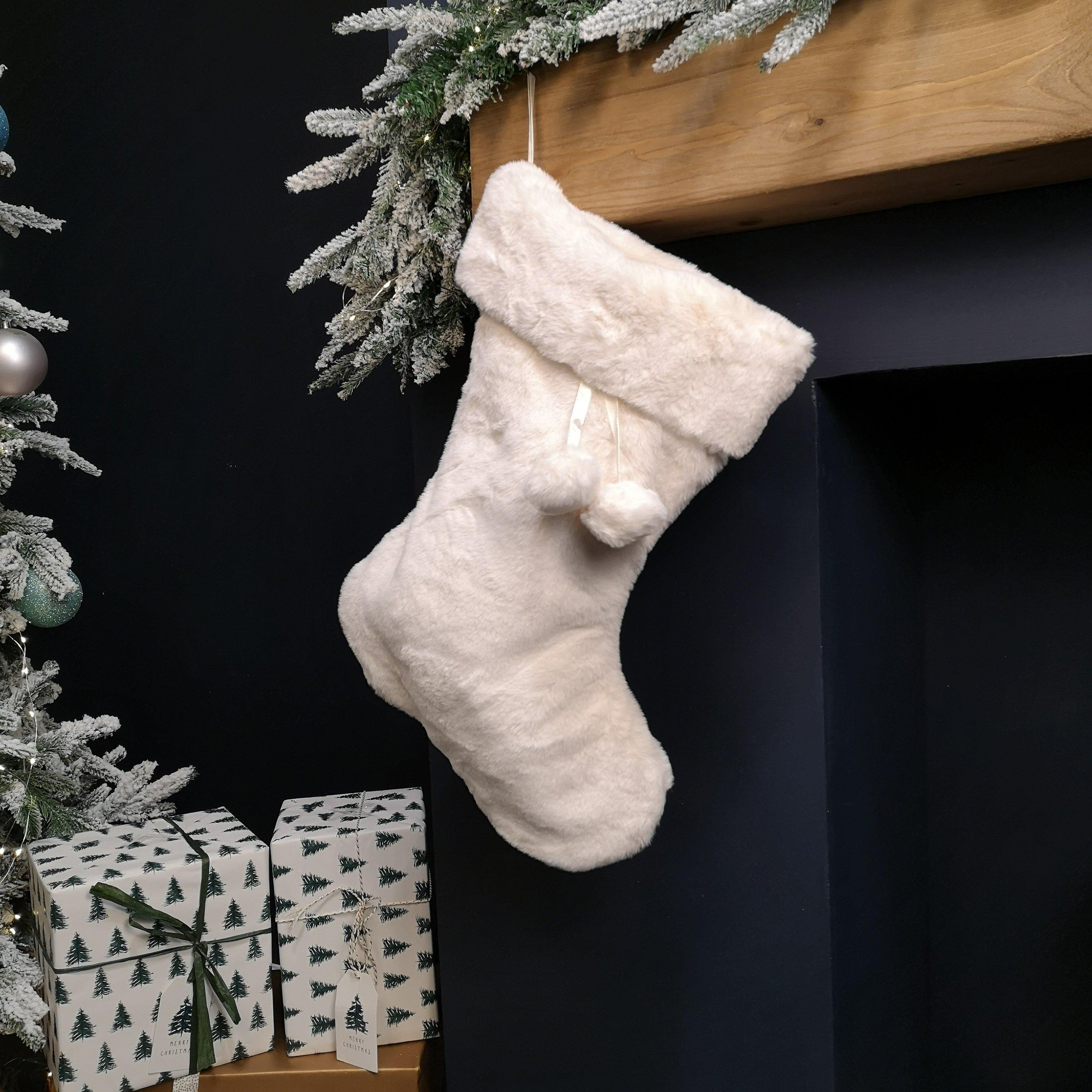 50cm Winter White Faux Fur Hanging Christmas Stocking with Pom Poms - image 1
