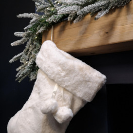 50cm Winter White Faux Fur Hanging Christmas Stocking with Pom Poms - thumbnail 2