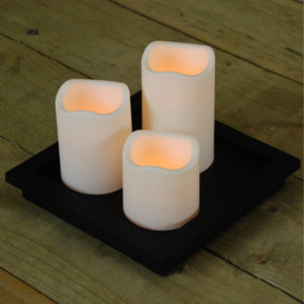 21cm Yellow LED Set Of 3 Battery Operated Flickering Candles On Black Tray - thumbnail 2