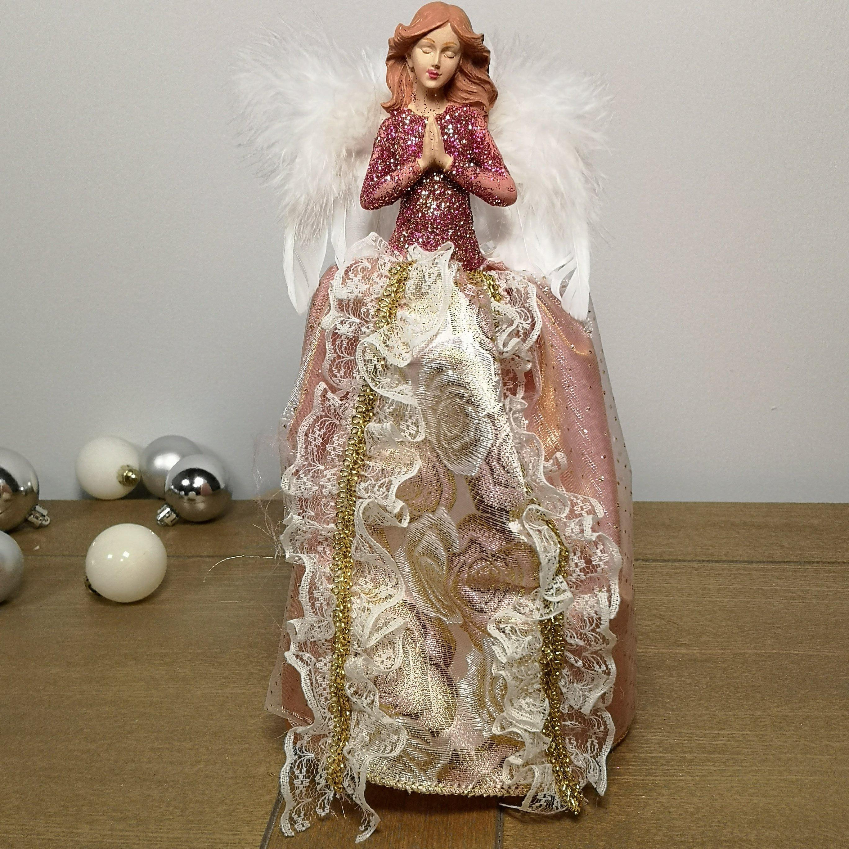 28cm Premier Christmas Tree Topper Angel Decoration with Feather Wings in Pink & Gold - image 1