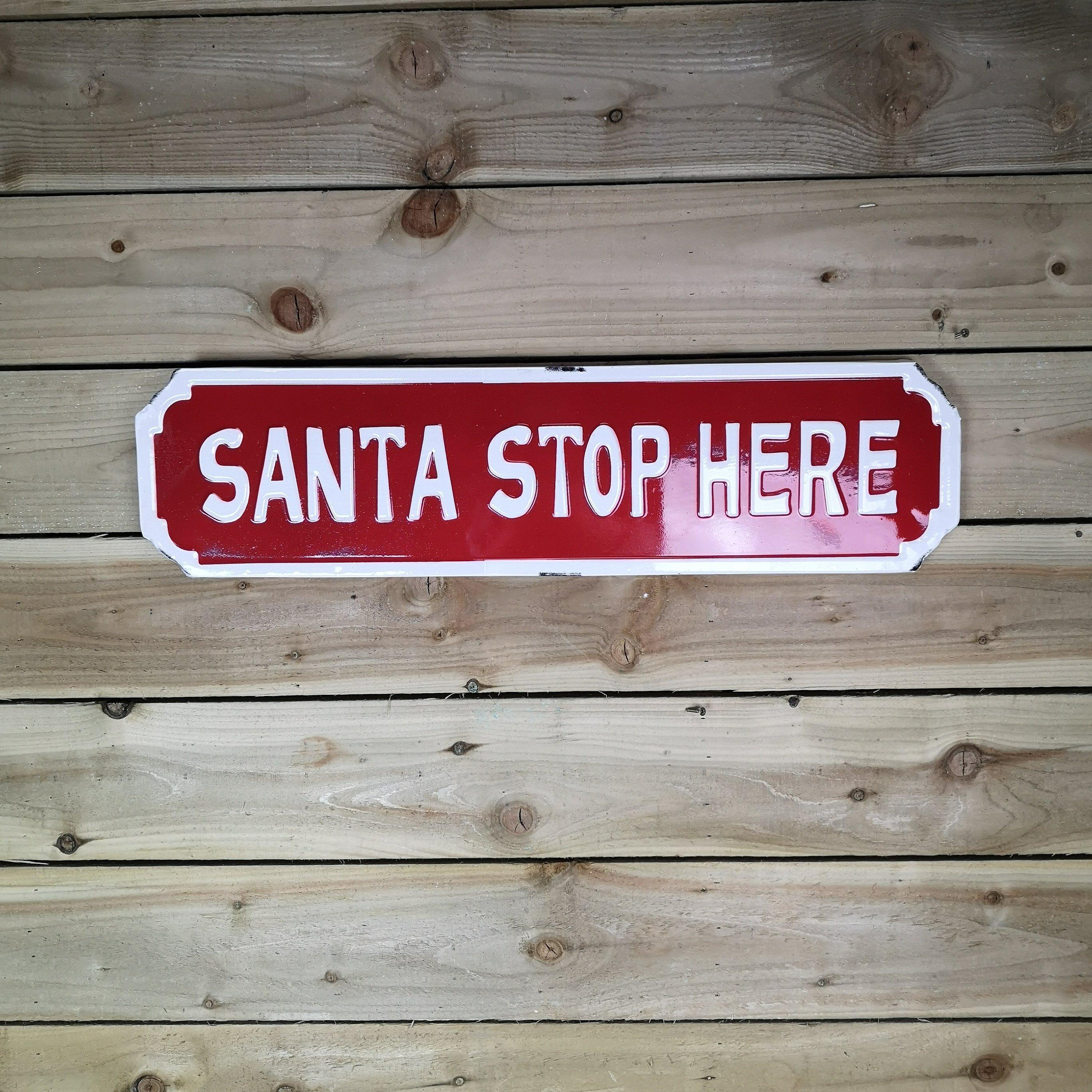 Festive 71cm Outdoor Metal Santa Stop Here Sign - image 1
