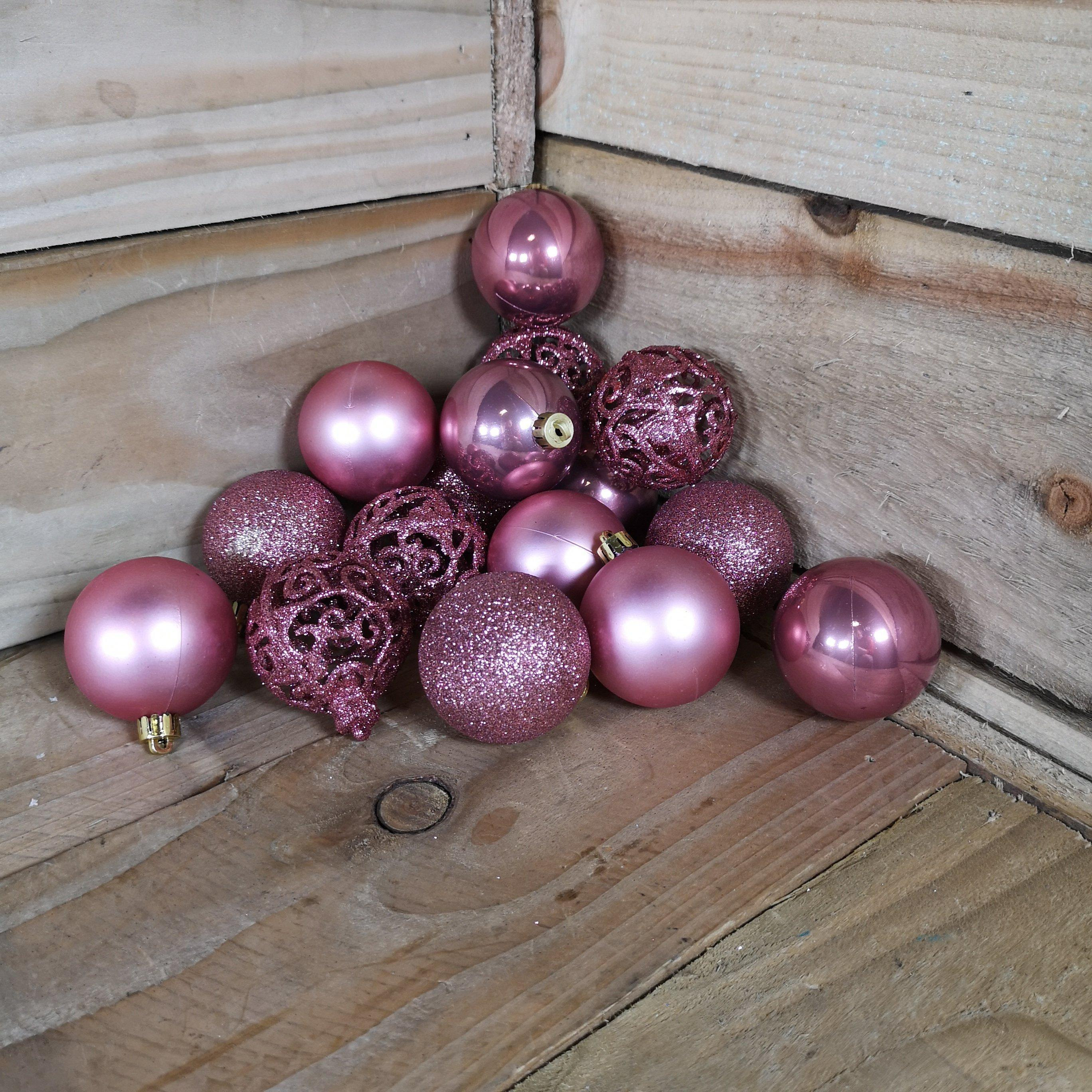 16pcs 6cm Assorted Shatterproof Baubles Christmas Decoration in Rose Pink - image 1