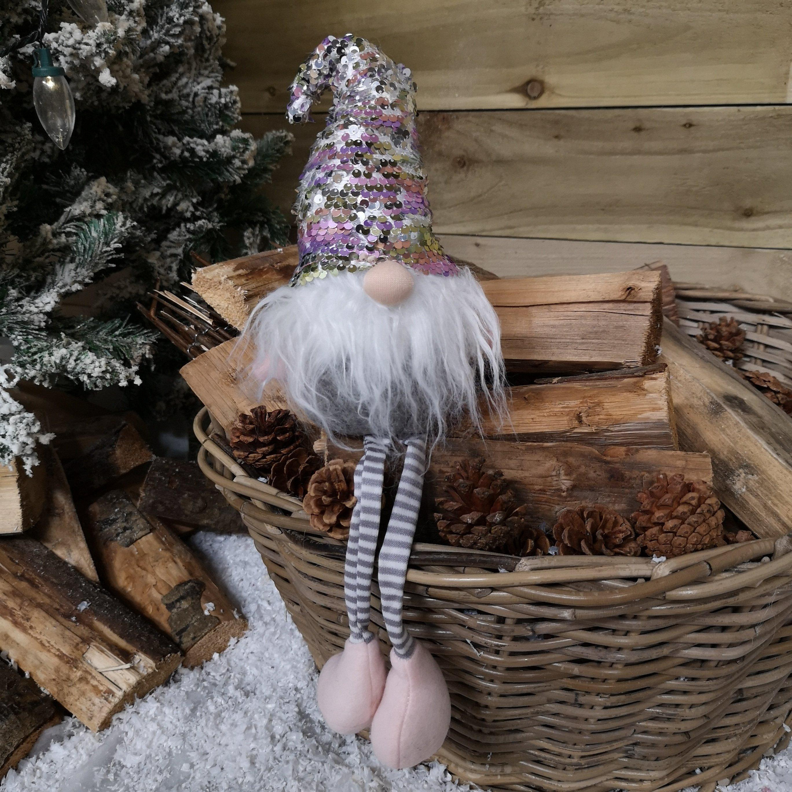 49cm Festive Christmas Sitting Gonk with Dangly Legs & Sequin Hat in Pink & Grey - image 1