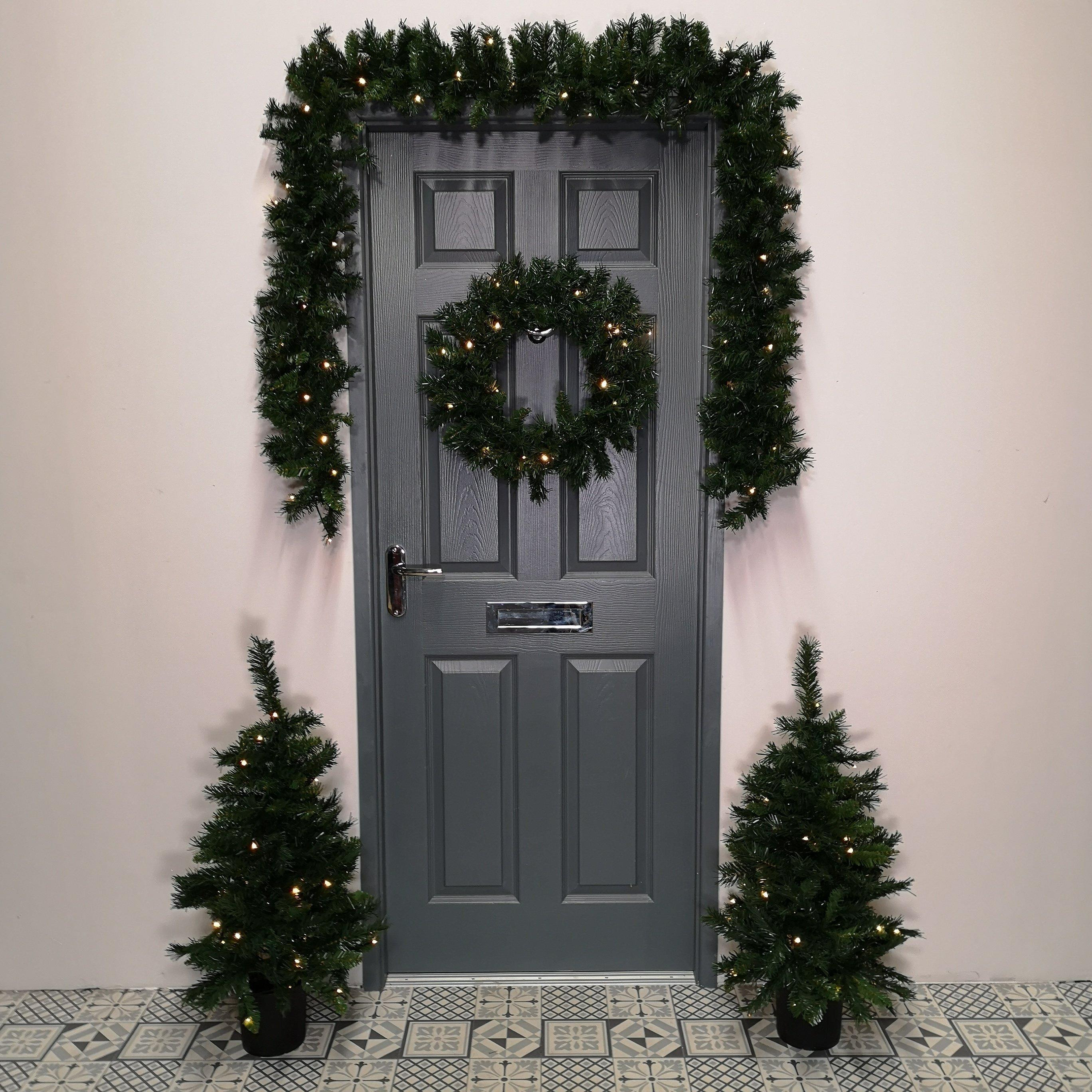 Pre Lit Christmas Door Decoration Kit - 90cm Trees / Garland & 60cm Wreath - image 1