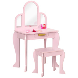 Kids Dressing Table and Stool with Mirror and Drawer, for Ages 3-6 Years - Pink