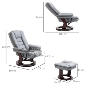 Swivel Manual Recliner and Footrest Set PU Lounge Chair Wood Base - thumbnail 3