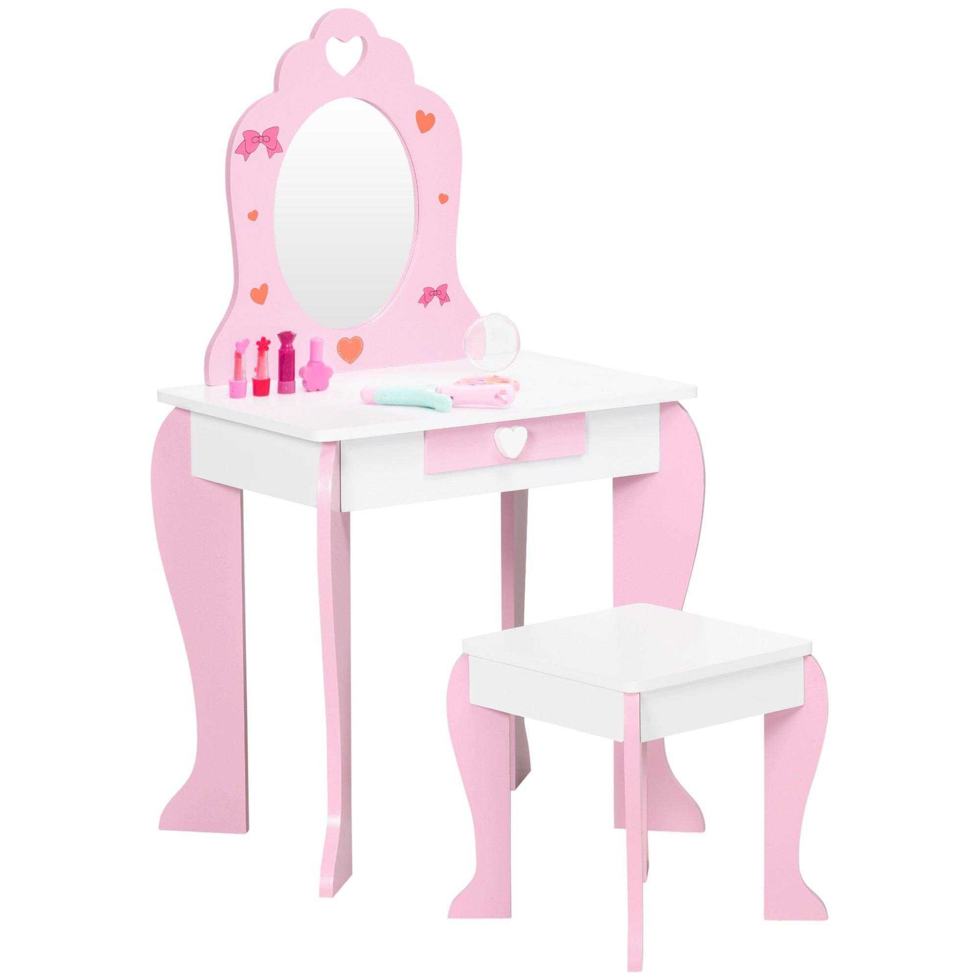 Kids Dressing Table with Mirror, Stool, Drawer, Cute Patterns - Pink - image 1