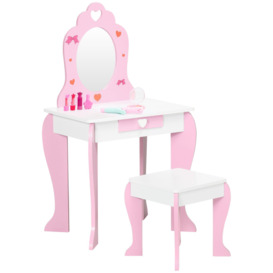 Kids Dressing Table with Mirror, Stool, Drawer, Cute Patterns - Pink