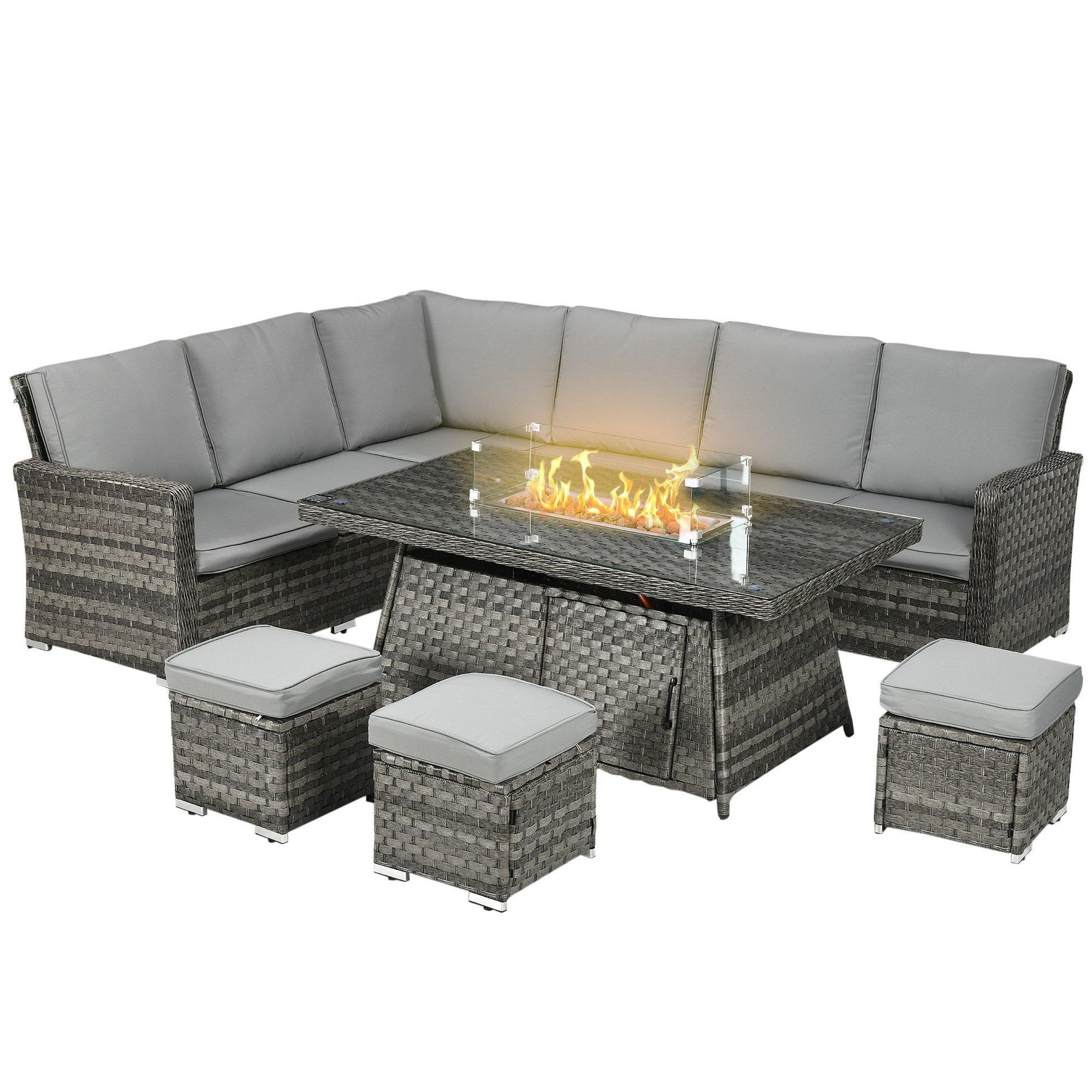 7 Pieces Rattan Garden Furniture Set w/ 50,000 BTU Gas Fire Pit Table Grey - image 1