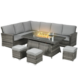 7 Pieces Rattan Garden Furniture Set w/ 50,000 BTU Gas Fire Pit Table Grey