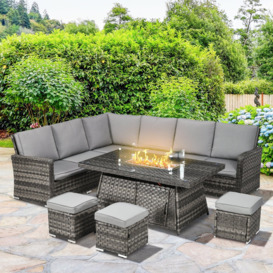 7 Pieces Rattan Garden Furniture Set w/ 50,000 BTU Gas Fire Pit Table Grey - thumbnail 2