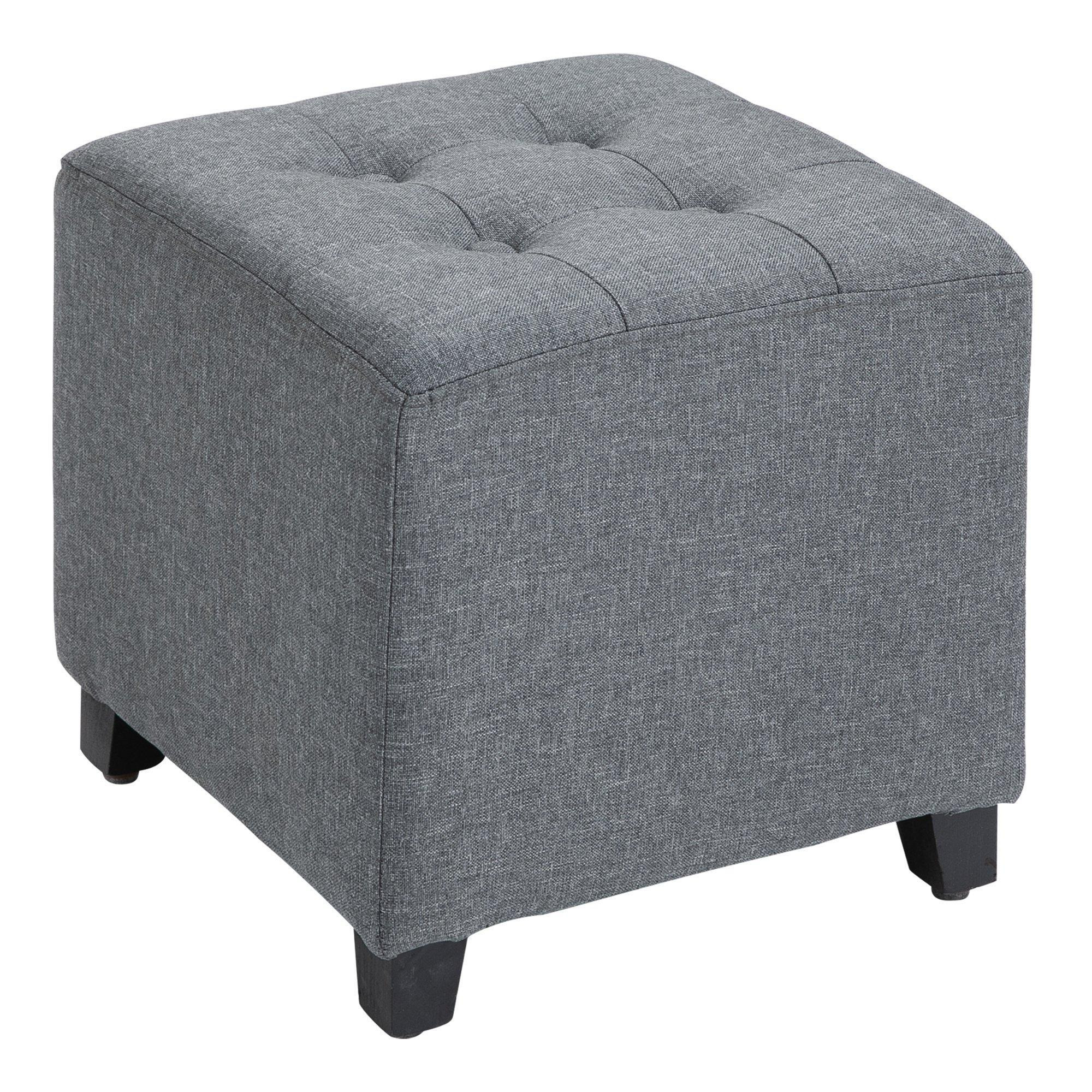 Linen-Look Square Ottoman Footstool with Button Tufts Wood Frame - image 1