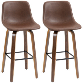 Bar stools Set of 2 Mid Back PU Leather Bar Chairs with Wood Legs Tall - thumbnail 1