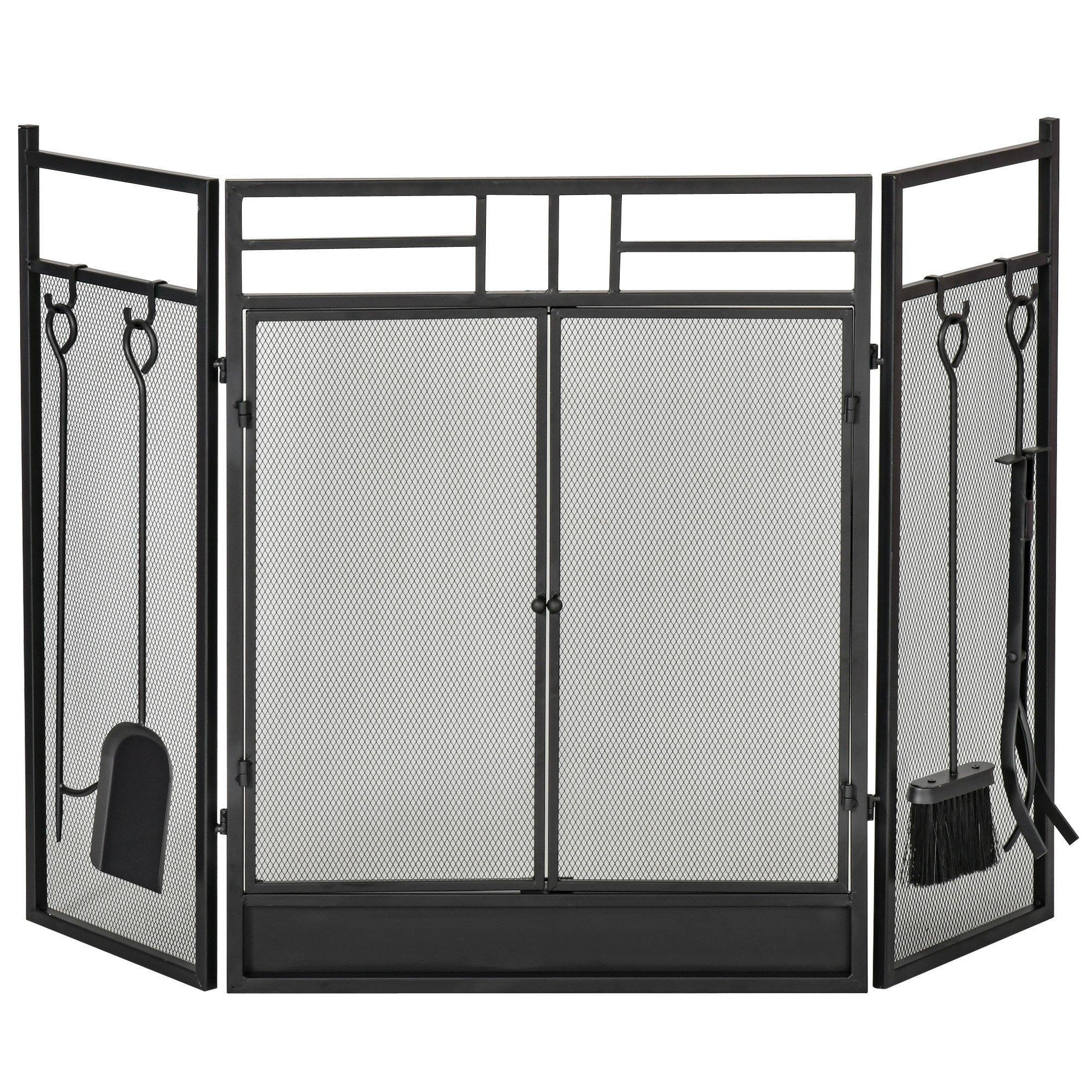 3 Panel Folding Fire Screen with Double Door Fireplace Tool - image 1