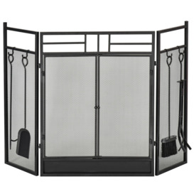 3 Panel Folding Fire Screen with Double Door Fireplace Tool