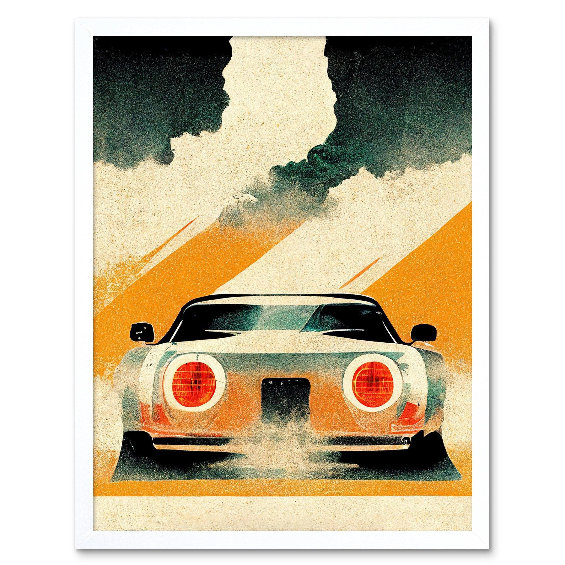 Japanese Sports Car Vintage Vector Yellow Silver Black Art Print Framed Poster Wall Decor 12x16 inch - image 1
