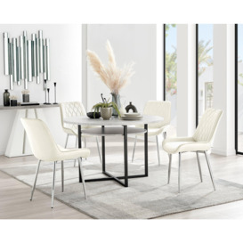 Adley Grey Concrete Effect Round Dining Table & 4 Pesaro Silver Leg Velvet Chairs
