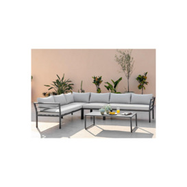 Montenegro White Metal 6 Seat Outdoor Garden Sofa Set, Taupe Cushions, 6 seat corner sofa + metal coffee table - thumbnail 2