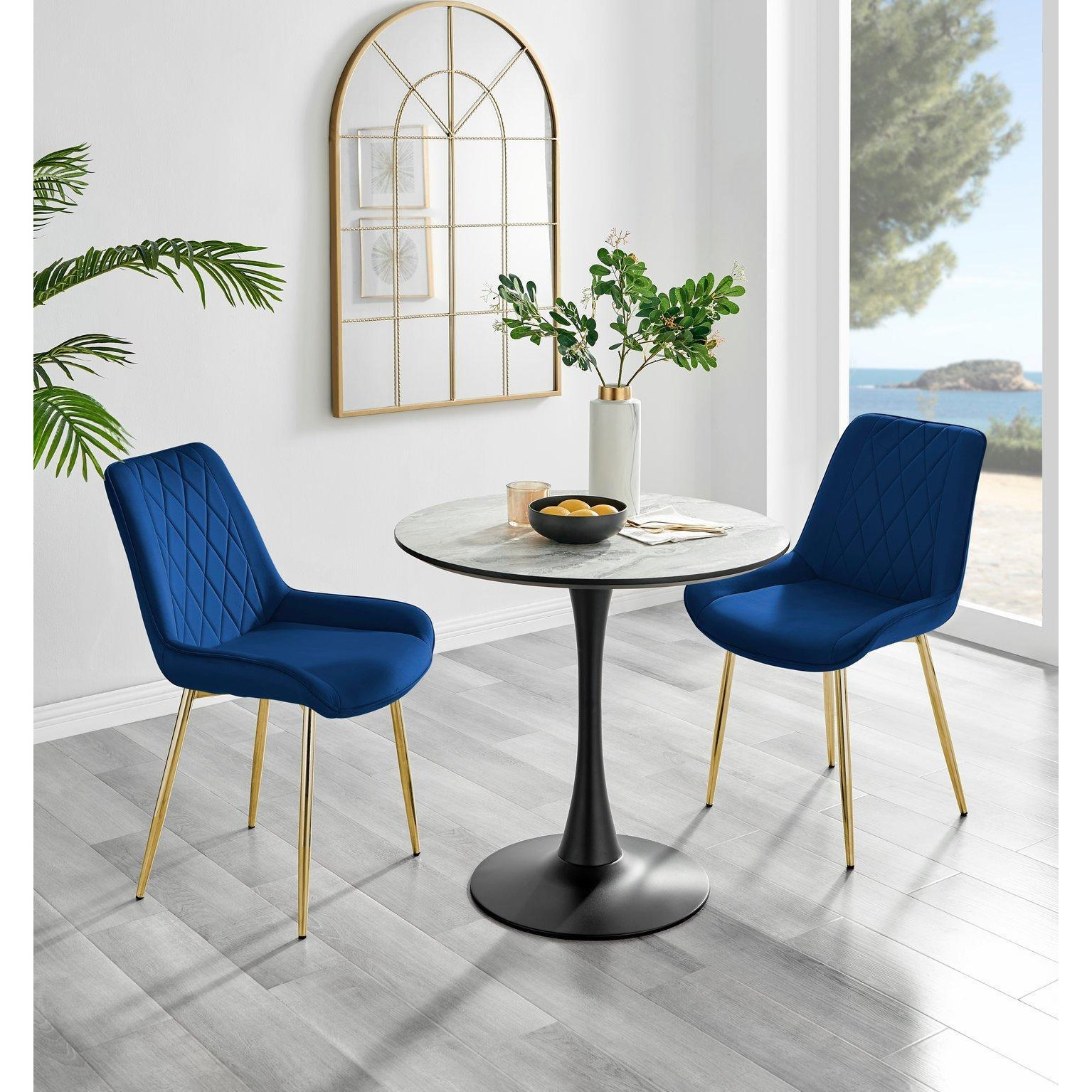 Elina White Marble Effect Scratch Resistant Dining Table & 2 Pesaro Gold Leg Velvet Chairs - image 1