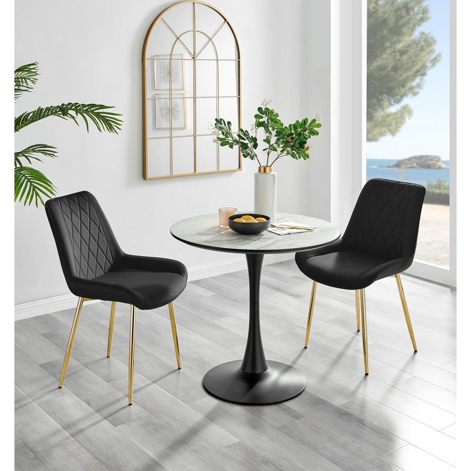 Elina White Marble Effect Scratch Resistant Dining Table & 2 Pesaro Gold Leg Velvet Chairs - image 1