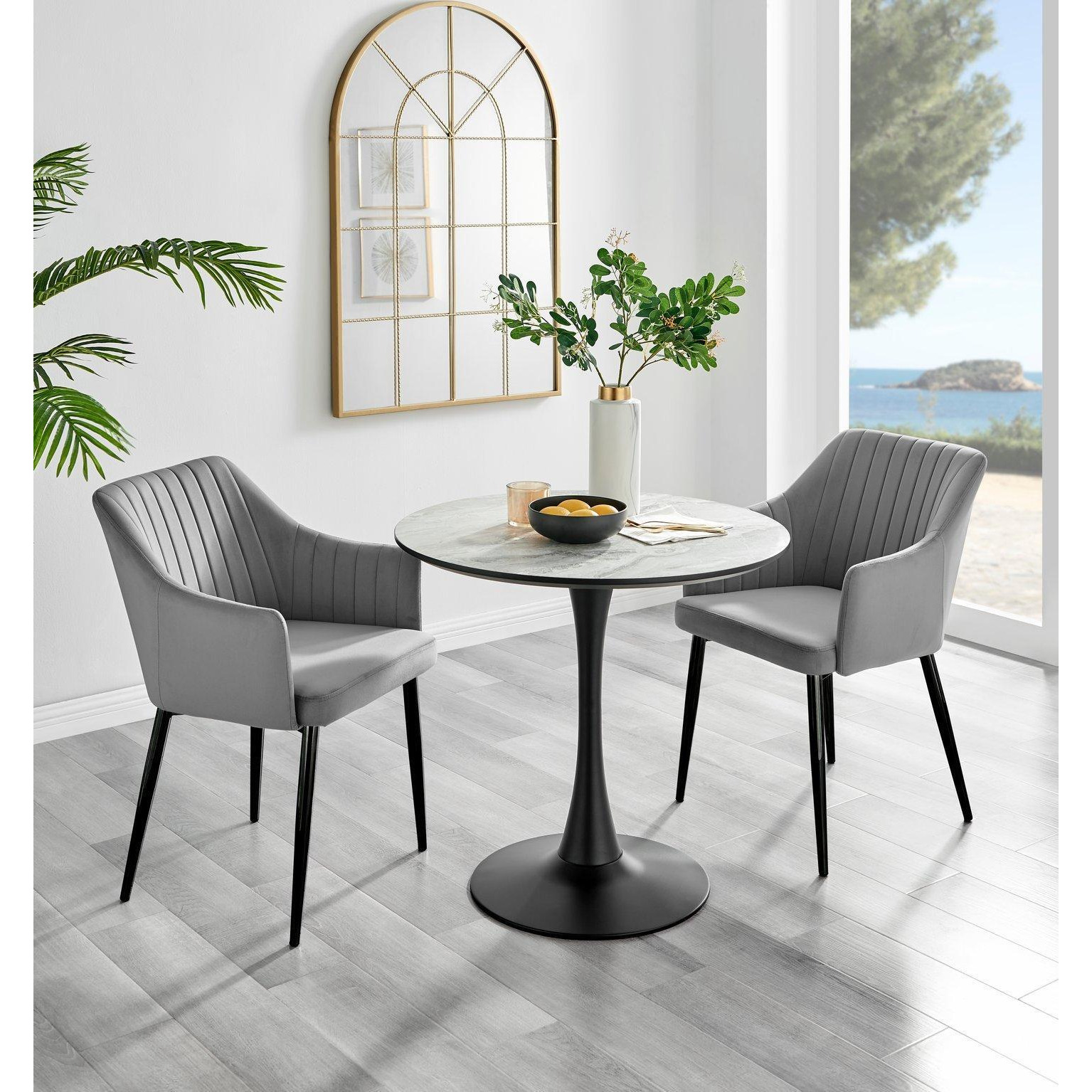 Elina White Marble Effect Scratch Resistant Dining Table & 2 Calla Velvet Black Leg Chairs - image 1