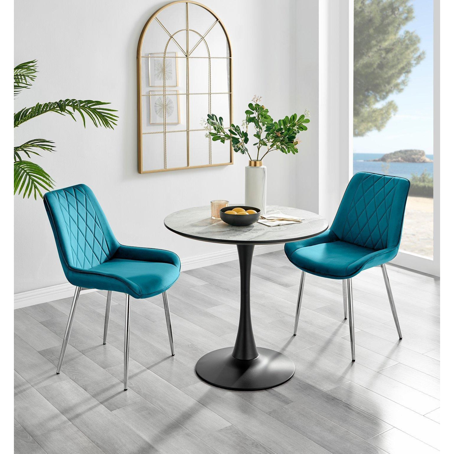 Elina White Marble Effect Scratch Resistant Dining Table & 2 Pesaro Silver Leg Velvet Chairs - image 1