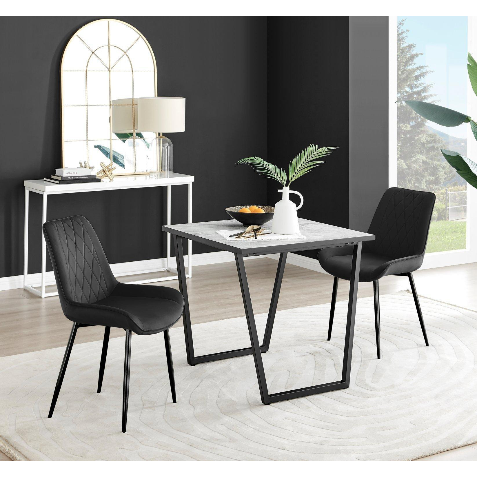 Carson White Marble Effect Square Dining Table & 2 Velvet Pesaro Black Leg Chairs - image 1