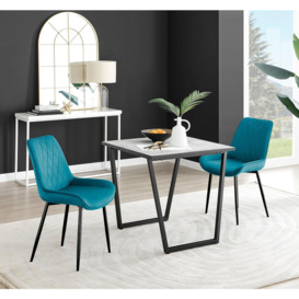 Carson White Marble Effect Square Dining Table & 2 Velvet Pesaro Black Leg Chairs