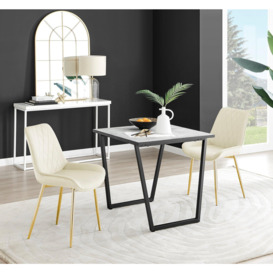 Carson White Marble Effect Square Dining Table & 2 Velvet Pesaro Gold Leg Chairs