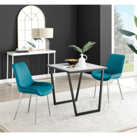 Carson White Marble Effect Square Dining Table & 2 Velvet Pesaro Silver Leg Chairs - thumbnail 1