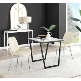 Carson White Marble Effect Square Dining Table & 2 Velvet Pesaro Silver Leg Chairs