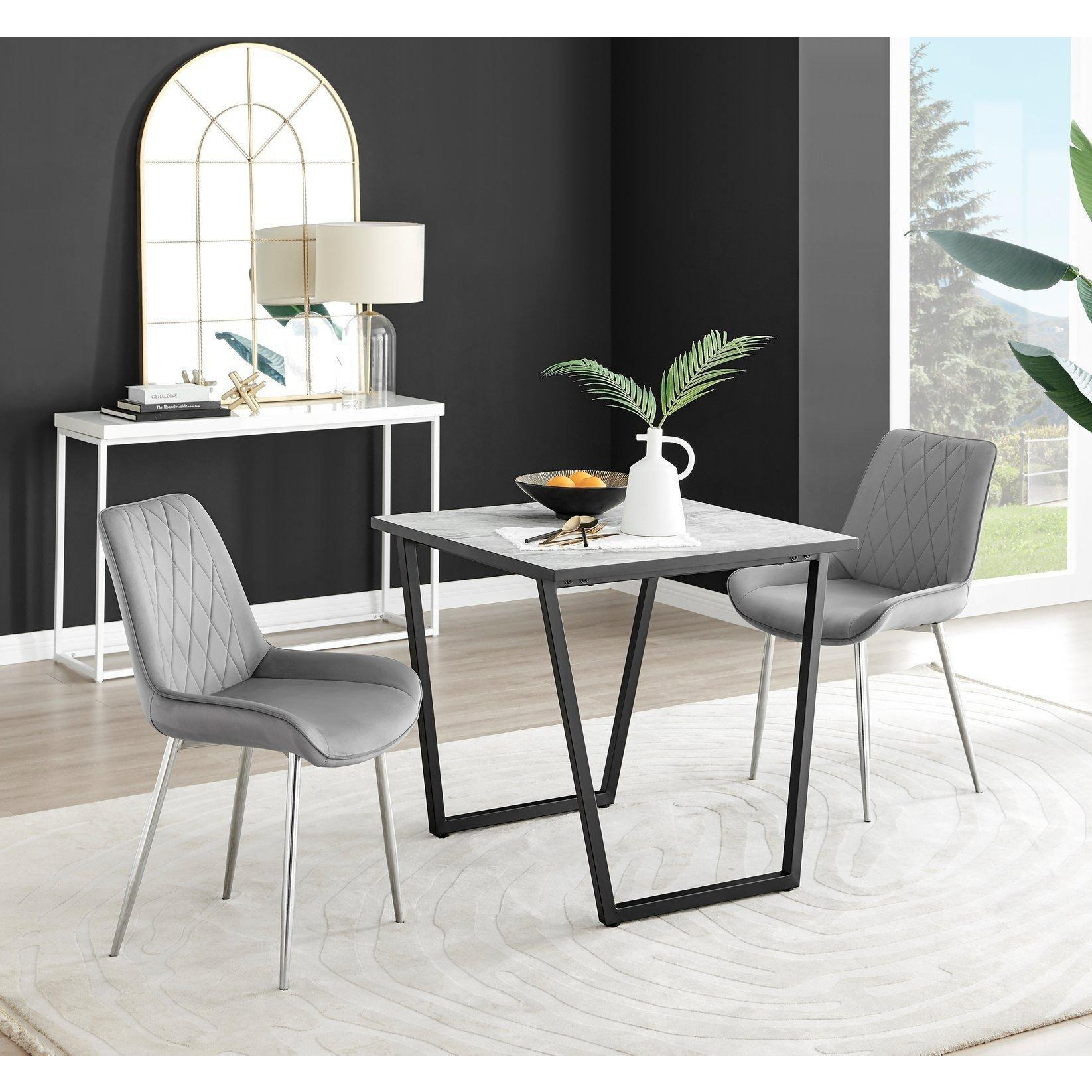 Carson White Marble Effect Square Dining Table & 2 Velvet Pesaro Silver Leg Chairs - image 1