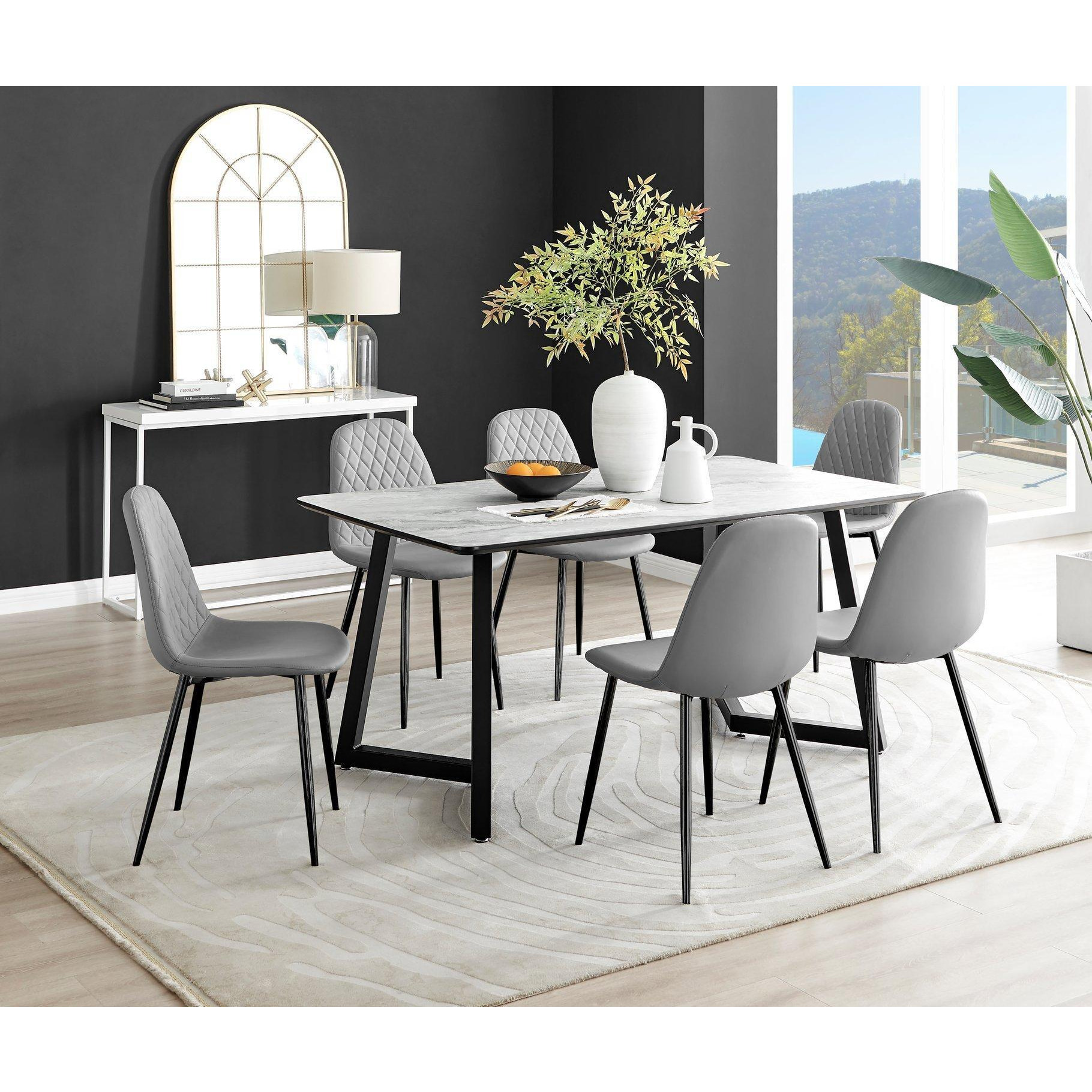 Carson White Marble Effect Dining Table & 6 Corona Black Leg Chairs - image 1