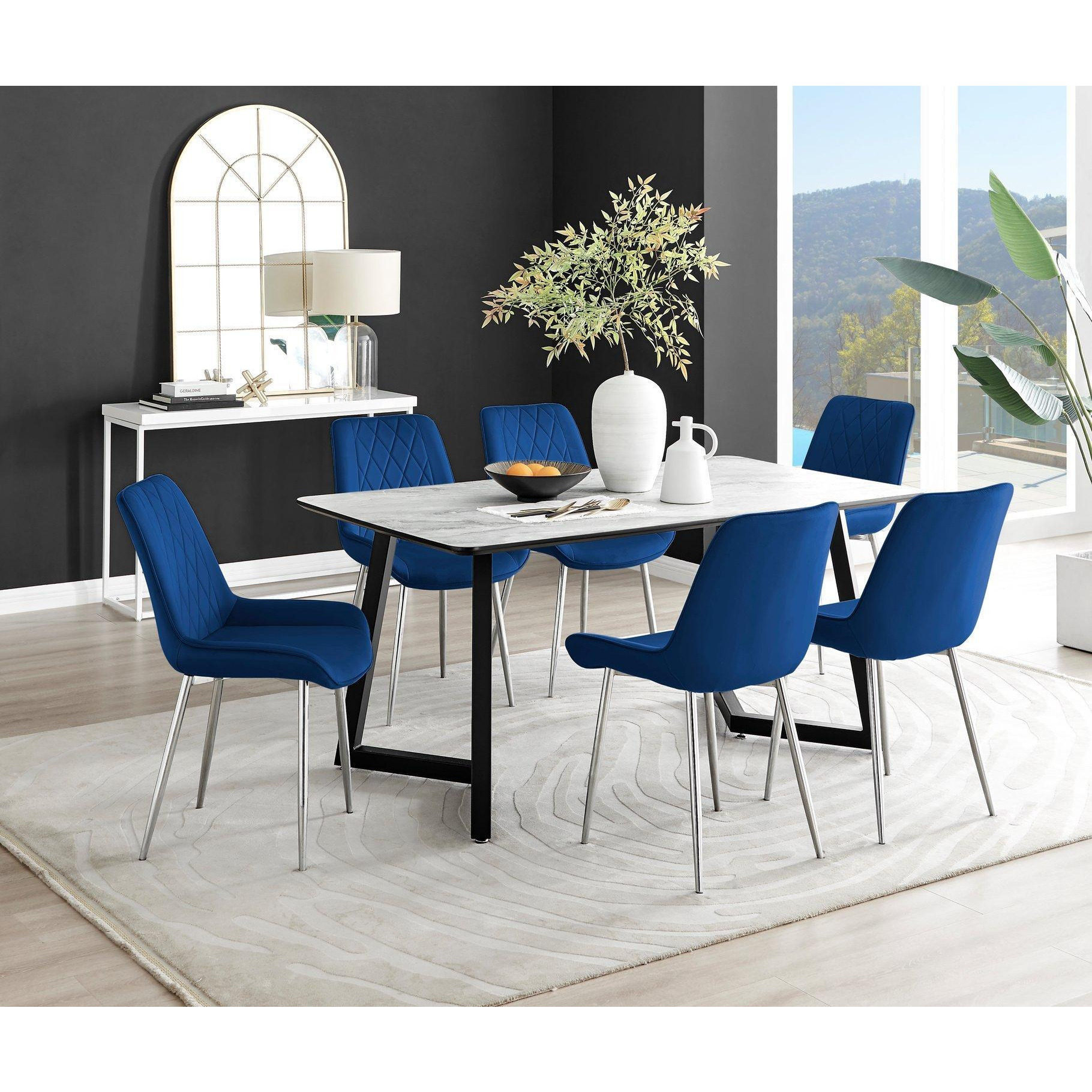 Carson White Marble Effect Dining Table & 6 Pesaro Silver Chairs - image 1