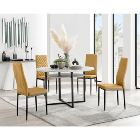 Adley Grey Concrete Effect And Black Round Dining Table with  Shelf and 4 Velvet Milan Dining Chairs