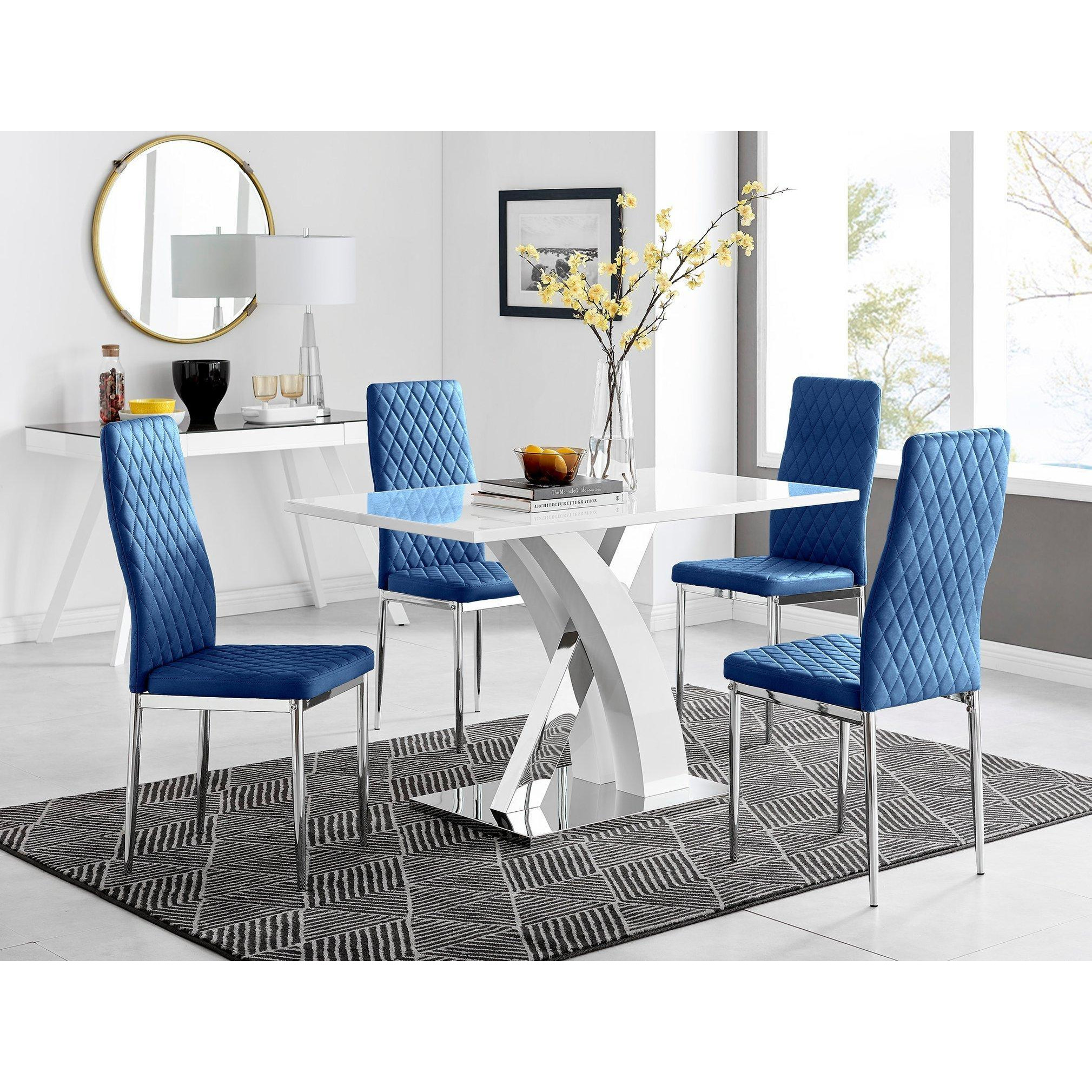 Atlanta White High Gloss and Chrome 4 Seater Dining Table with X Shaped Legs and 4 Soft Velvet Milan Chairs - image 1