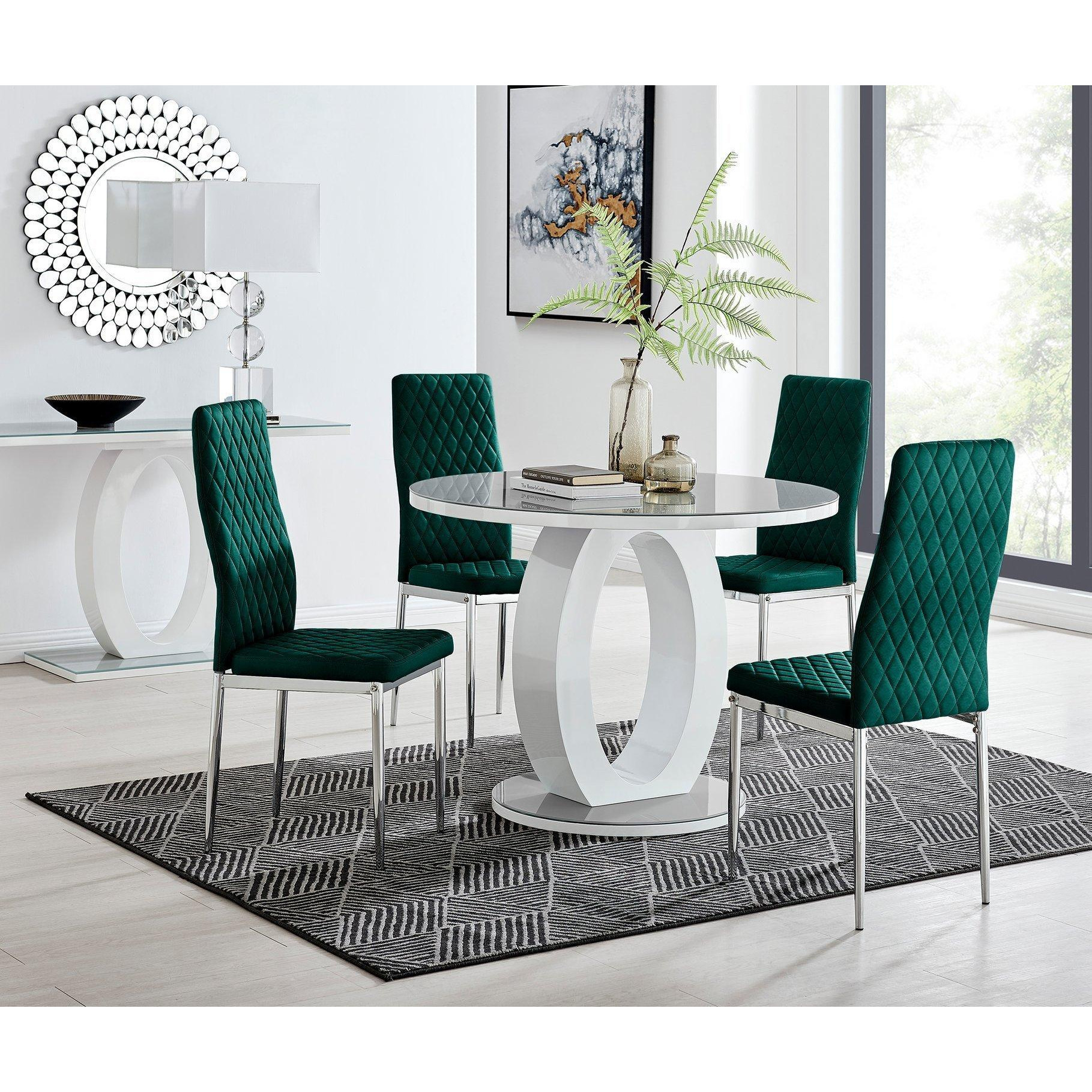 Giovani Round 4 Seat 100cm White High Gloss Halo Base Grey Glass Top Dining Table 4 Soft Velvet Silver Leg Milan Chairs - image 1