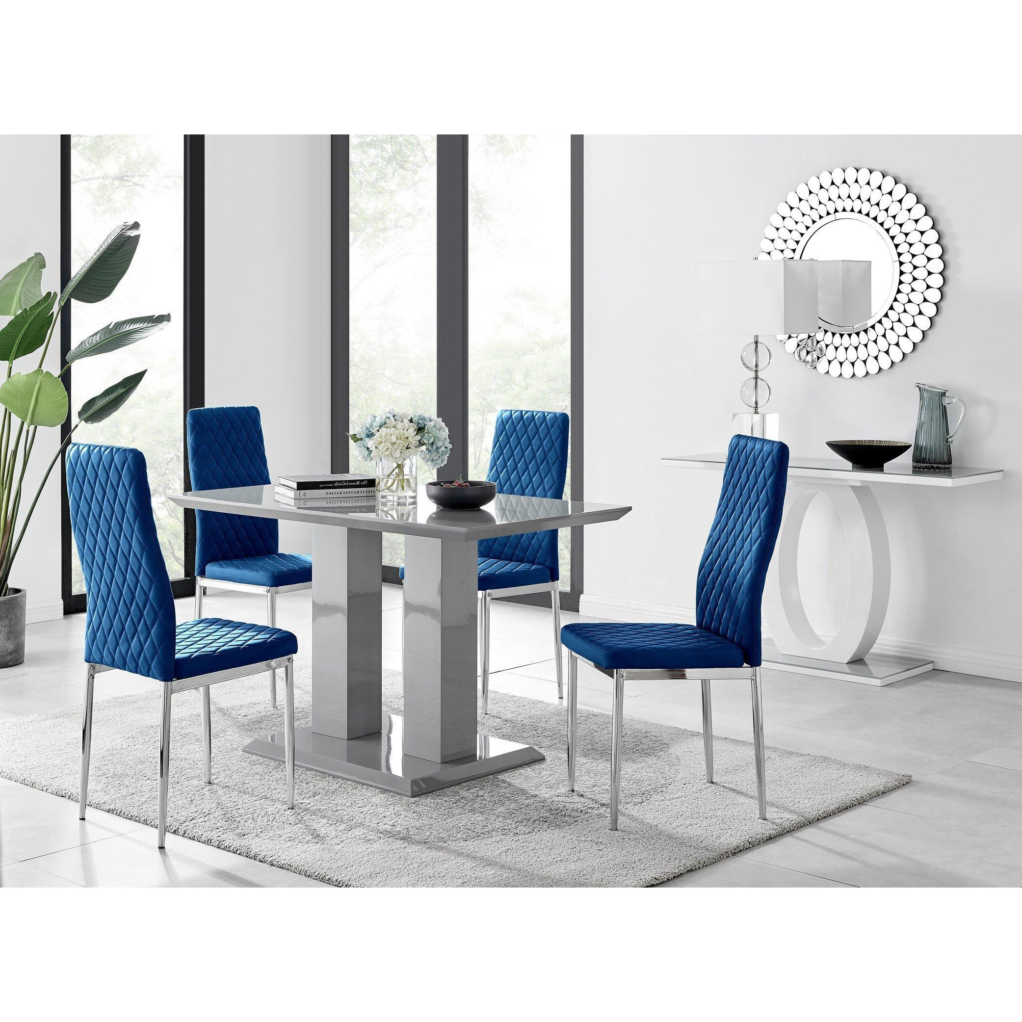 Imperia Grey High Gloss 4 Seater Dining Table with Structural 2 Plinth Column Legs 4 Soft Velvet Silver Leg Milan Chairs - image 1