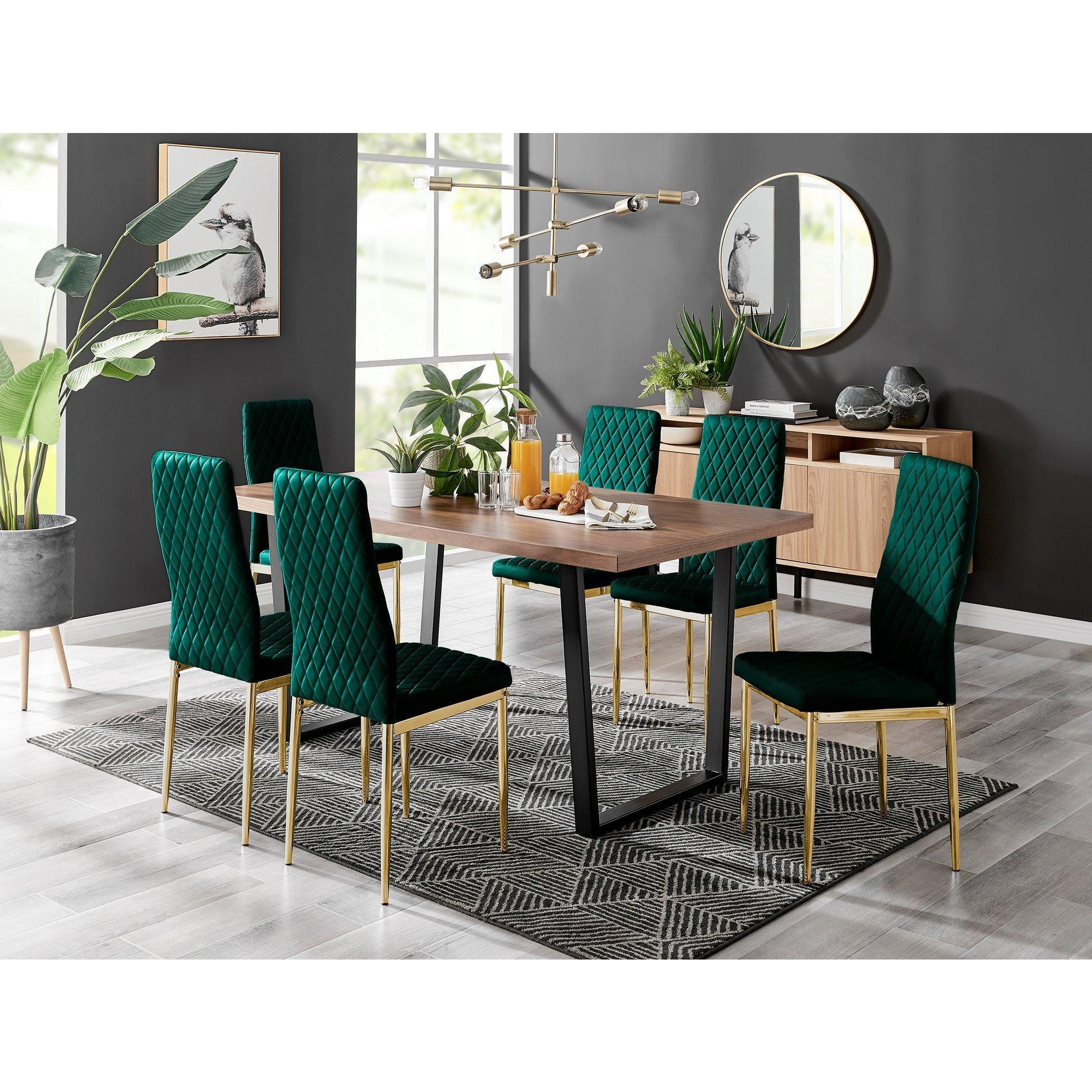 Kylo Large Brown Wood Effect Dining Table & 6 Velvet Milan Gold Leg Chairs - image 1