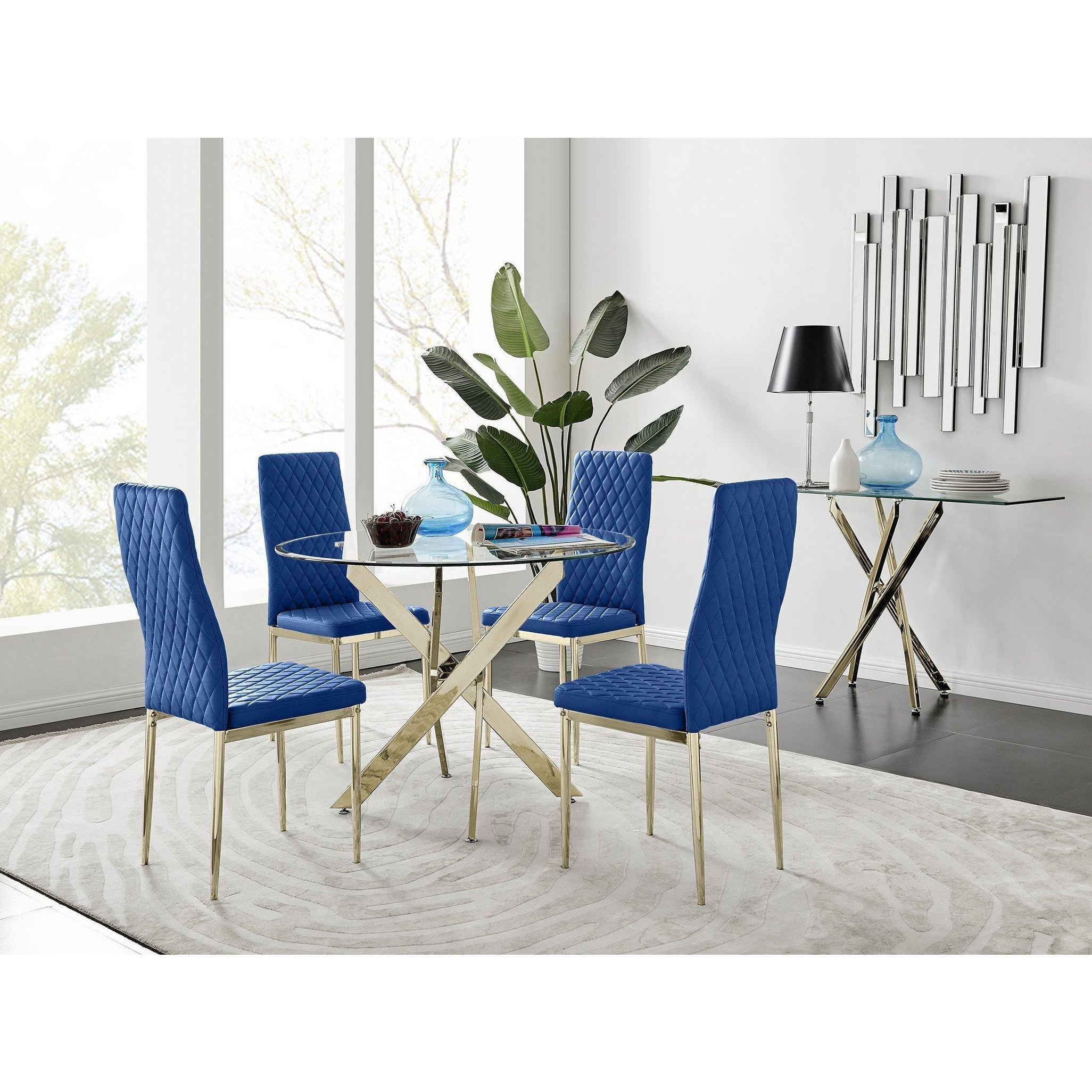 Novara 100cm Round Tempered Glass Dining Table with Gold Legs & 4 Milan Velvet Chairs - image 1