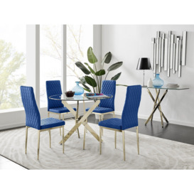 Novara 100cm Round Tempered Glass Dining Table with Gold Legs & 4 Milan Velvet Chairs
