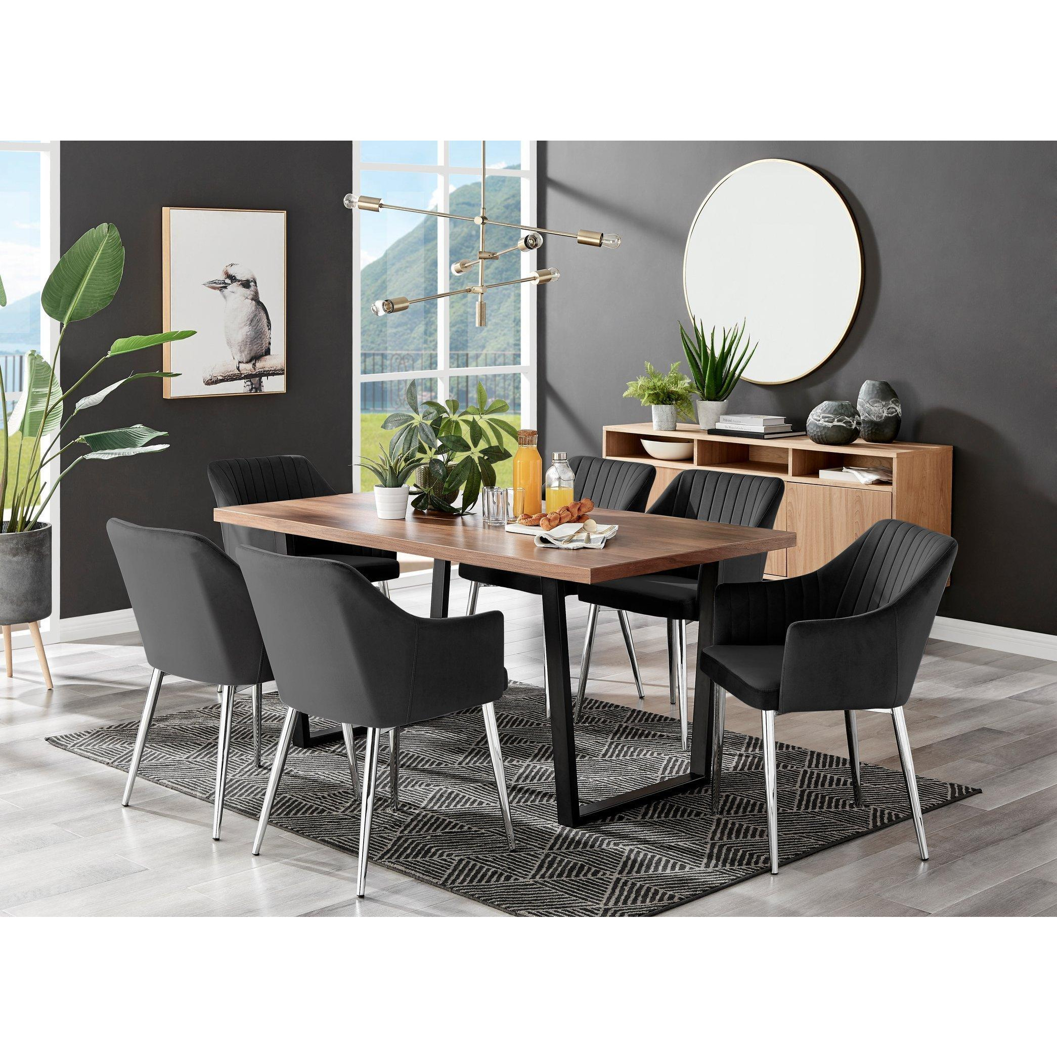 Kylo Large Brown Wood Effect Dining Table & 6 Calla Silver Leg Velvet Chairs - image 1