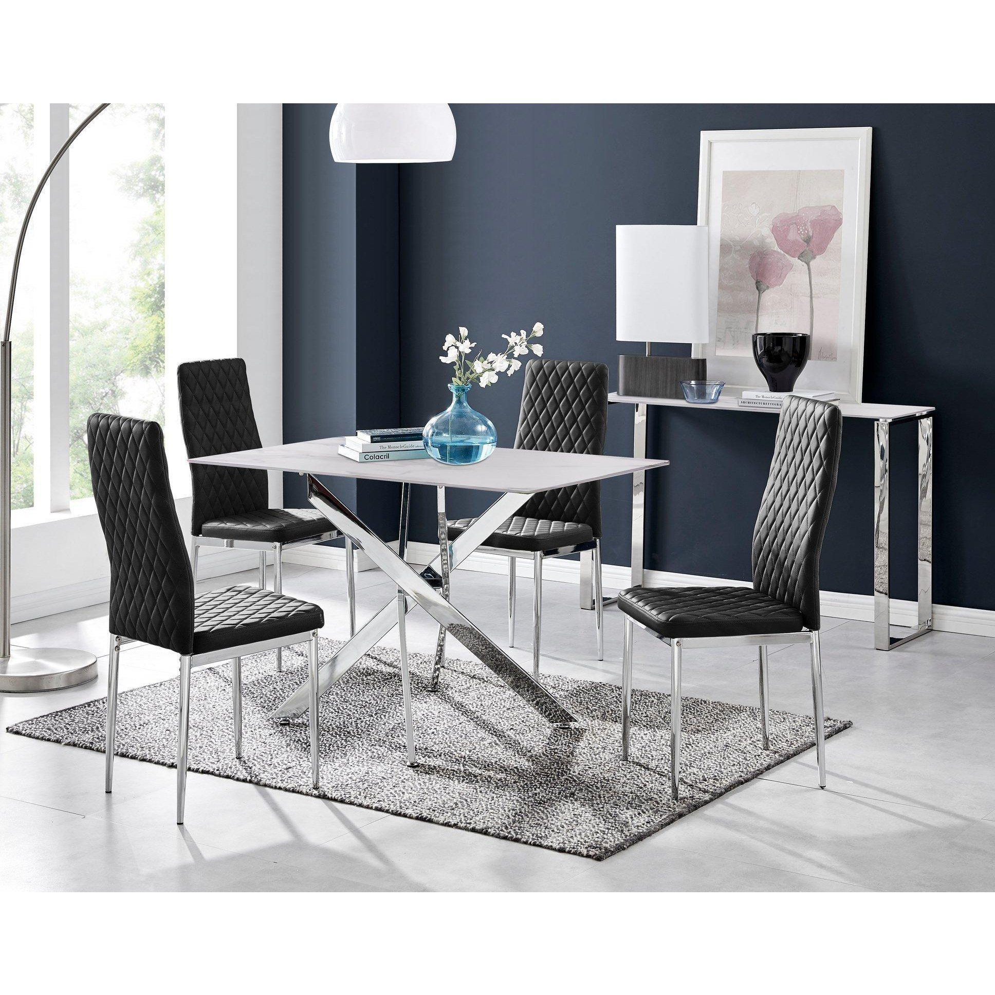 Leonardo White Glass Marble Effect Silver Leg Table & 4 Velvet Milan Silver Leg Chairs - image 1