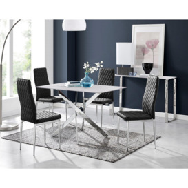 Leonardo White Glass Marble Effect Silver Leg Table & 4 Velvet Milan Silver Leg Chairs - thumbnail 1