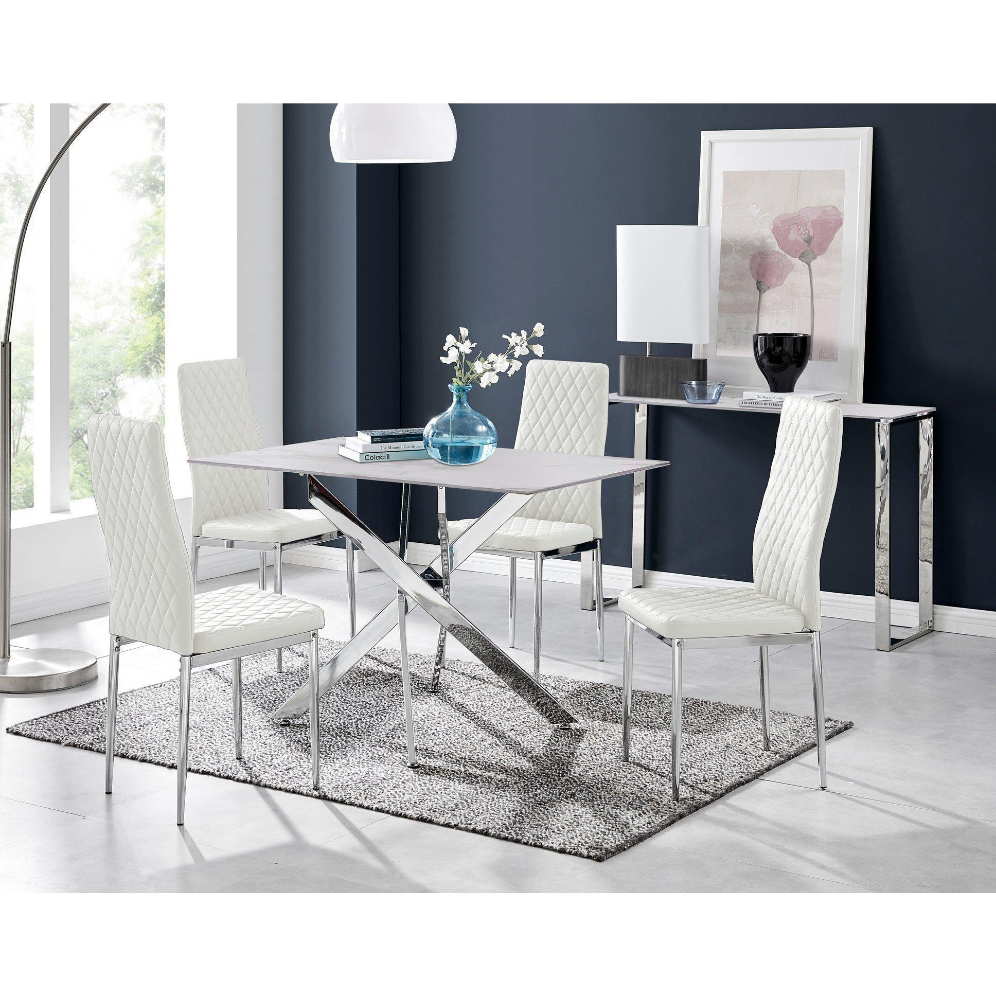 Leonardo White Glass Marble Effect Silver Leg Table & 4 Milan Chrome Leg Chairs - image 1