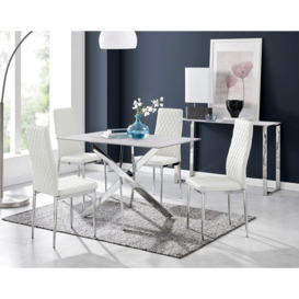 Leonardo White Glass Marble Effect Silver Leg Table & 4 Milan Chrome Leg Chairs - thumbnail 1