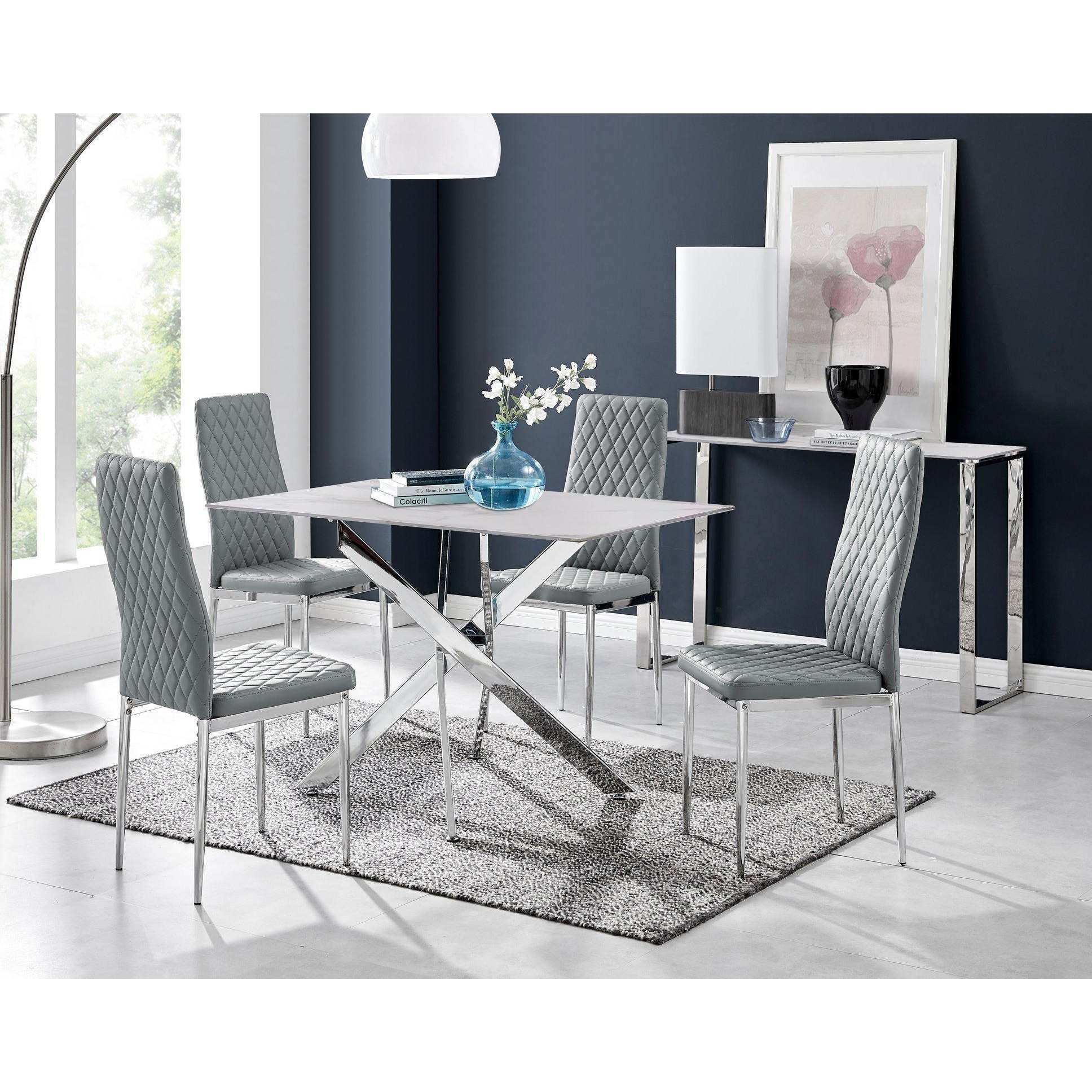 Leonardo White Glass Marble Effect Silver Leg Table & 4 Milan Chrome Leg Chairs - image 1